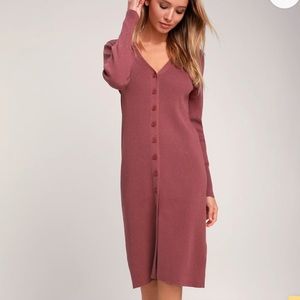 Lulus Rusty Rose Long Sleeve Button-Up Midi Sweater Dress